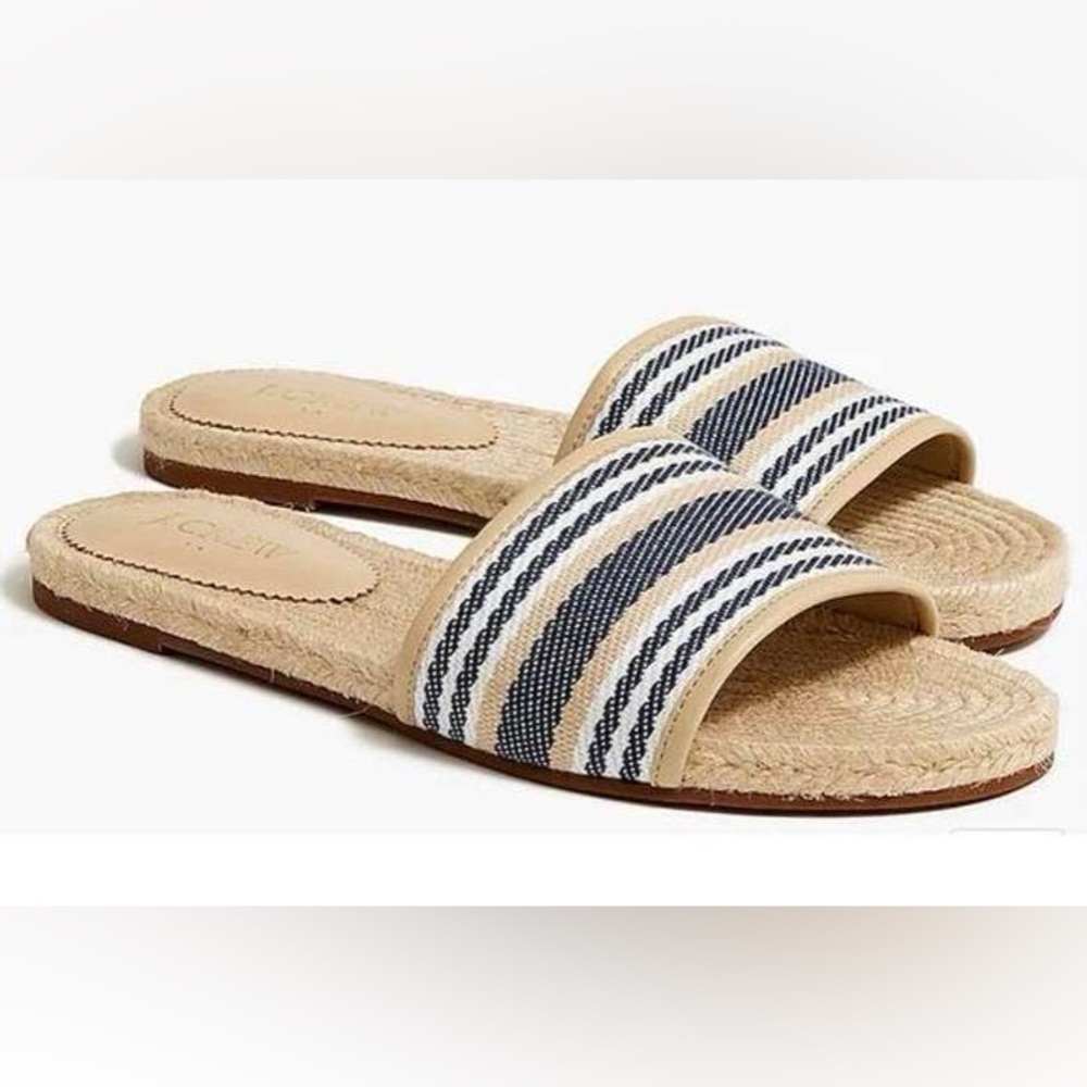 J. CREW Navy Beige White Espadrille Jute Slip On Sandals | Size 6